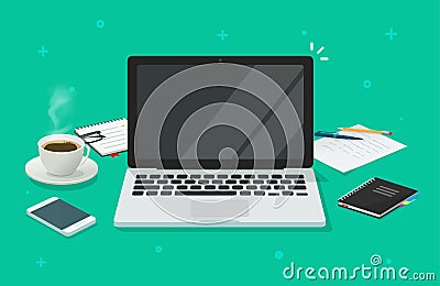 Computer laptop with blank empty screen for copy space text on workin desk table or workplace vector illustration flat Vector Illustration