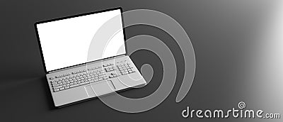 Computer laptop with blank white screen isolated on black background, banner, copy space Cartoon Illustration