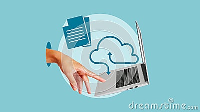 Computer laptop and Data document Management System on cloud online documentation database Stock Photo
