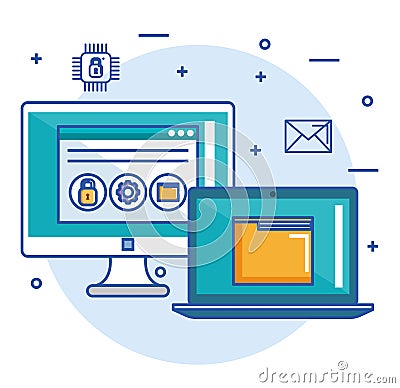 Computer laptop folder file web site security concept Vector Illustration