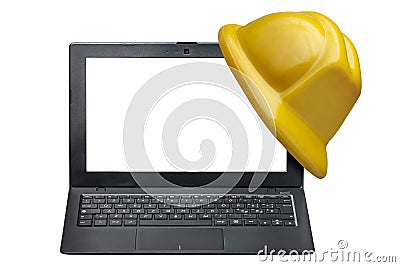 Computer Laptop Front Hard Hat Protection Isolated Stock Photo