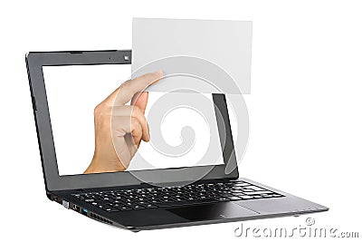 Computer Laptop Hand Blank White Card Isolated Stock Photo