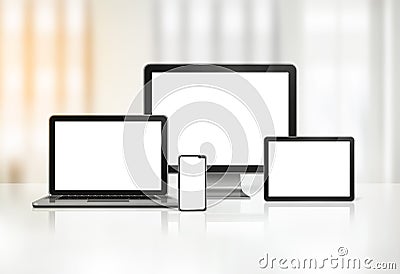 Computer, laptop, mobile phone and digital tablet pc Stock Photo