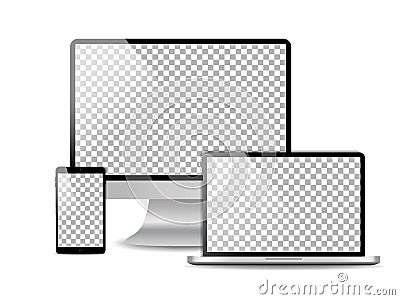 Computer, laptop, mobile phone mockup with blank screen. Set of device template with pc, smartphone, notebook isolated on Stock Photo