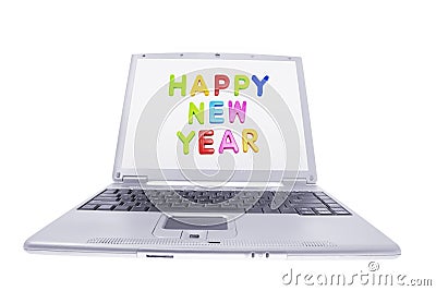 Computer Laptop with New Year Greetings Stock Photo