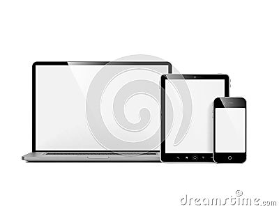 Computer, Laptop and Phone on White. Stock Photo