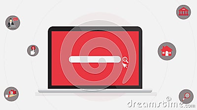 Computer laptop with search tab and business icons on white background.Computer and internet searching concept Vector Illustration