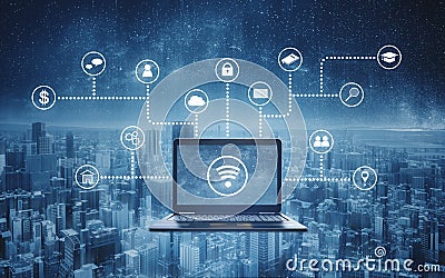 Computer laptop with wireless and application programming and social media icons. Internet networking and wireless technology Stock Photo