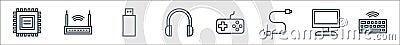 computer line icons. linear set. quality vector line set such as wireless keyboard, monitor, usb cable, joystick, headphones, Vector Illustration