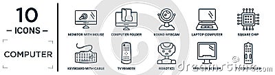 computer linear icon set. includes thin line monitor with mouse cursor, round webcam, square chip, tv remote, monitor screen, tv Vector Illustration