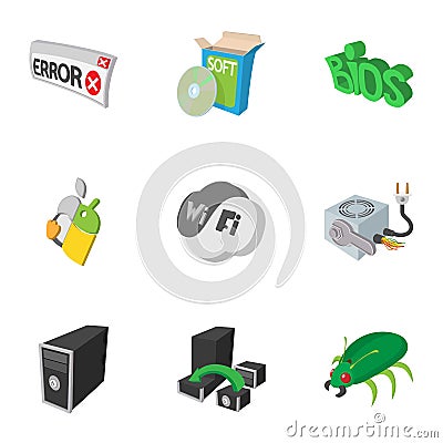 Computer maintenance icons set, cartoon style Vector Illustration