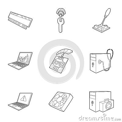 Computer maintenance icons set, outline style Vector Illustration