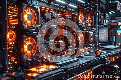 a computer with many computer chips and the fans on the tower, photo-realistic techniques, precise hyperrealism Stock Photo