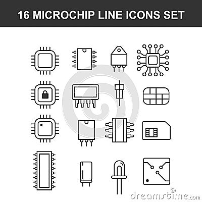 Computer microchip line icons set Vector Illustration