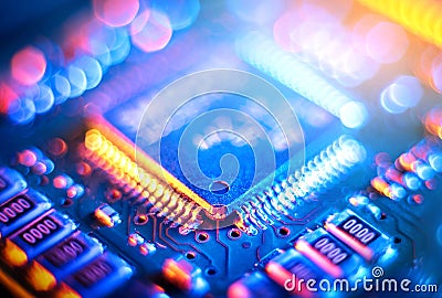 Computer Microchips and Processors on Electronic circuit board. Abstract technology microelectronics concept background. Macro Stock Photo