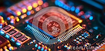 Computer Microchips and Processors on Electronic circuit board. Abstract technology microelectronics concept background. Macro Stock Photo