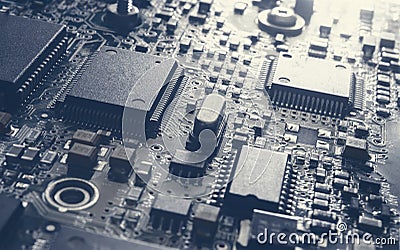 Computer Microchips and Processors on Electronic circuit board. Computer hardware technology. Abstract technology Stock Photo