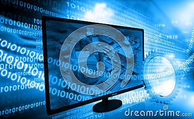 Computer monitor with binary streams Stock Photo