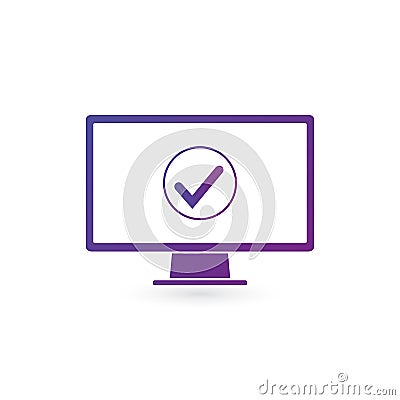 Computer monitor and checkmark in circle in purple gradient color. Successful update, accept, ok button, task completed concepts. Cartoon Illustration