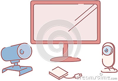 Computer monitor and different gadgets. Technological visual media devices, electronic equipment Vector Illustration