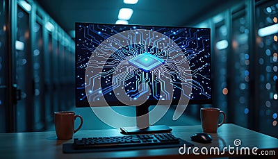 Computer monitor displaying circuit board design. Tech equipment on desk. Modern workstation in server room. Digital tech in Stock Photo