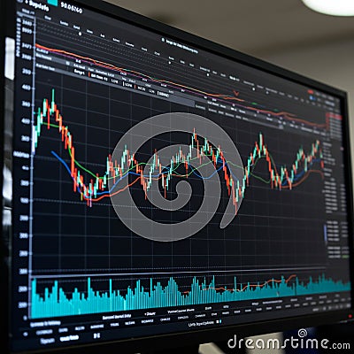 Computer monitor displaying a complex financial chart with fluctuating candlestick Stock Photo