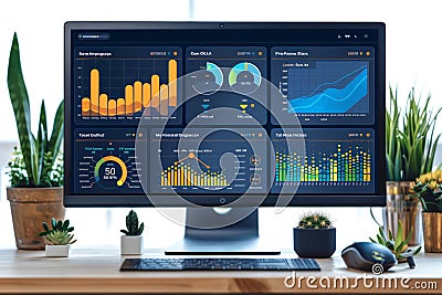 Computer monitor displaying various data analytics and charts on a desk with plants, useful for business, technology, or Stock Photo