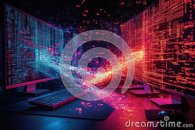 A computer monitor displays a colorful, pixelated image of a computer keyboard Stock Photo