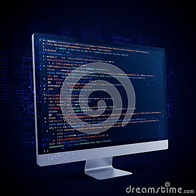 A computer monitor displays lines of colorful programming code against a dark Stock Photo