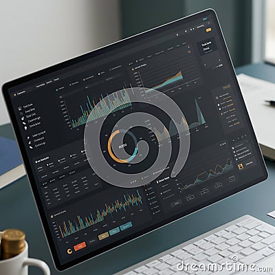 A computer monitor displays a sophisticated data dashboard featuring multiple Stock Photo