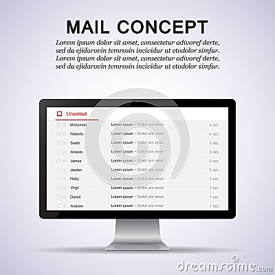 Computer monitor with email blank template internet. Interface for incoming mail message Vector Illustration