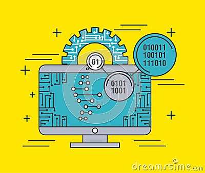 Computer monitor gear code binary technology Vector Illustration