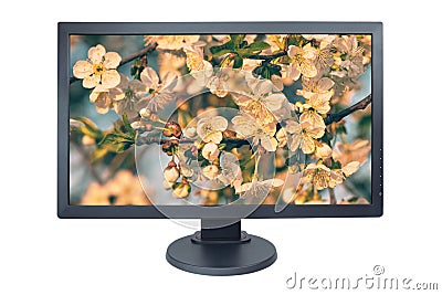 Computer monitor isolated on white with screensaver running Stock Photo
