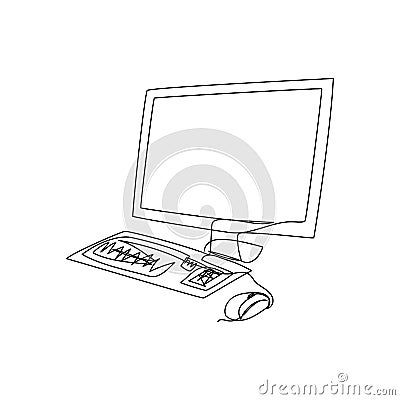 Computer monitor, keyboard, mouse continuous line drawing. One line art of home appliance, LSD screen, personal computer Vector Illustration