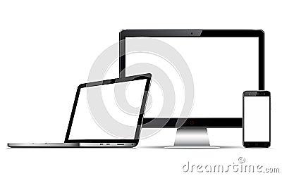 Computer monitor, laptop and mobile phone with blank screen Vector Illustration