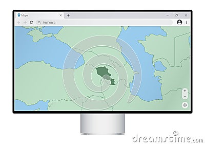 Computer monitor with map of Armenia in browser, search for the country of Armenia on the web mapping program Vector Illustration