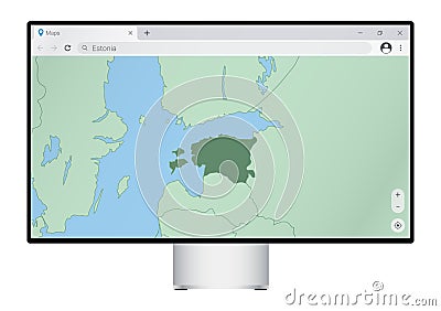 Computer monitor with map of Estonia in browser, search for the country of Estonia on the web mapping program Vector Illustration