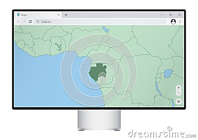 Computer monitor with map of Gabon in browser, search for the country of Gabon on the web mapping program Vector Illustration