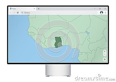 Computer monitor with map of Ghana in browser, search for the country of Ghana on the web mapping program Vector Illustration