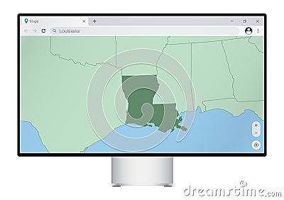 Computer monitor with map of Louisiana in browser, search for the country of Louisiana on the web mapping program Vector Illustration
