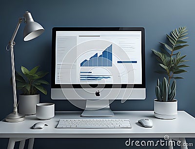 computer monitor sitting on top of a white desk, displaying stock charts, corner office background, Stock Photo