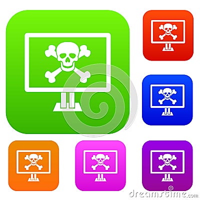 Computer monitor with a skull and bones set collection Vector Illustration