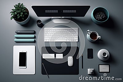 Computer with monitor. Top view of table with objects for work. Beautiful illustration picture. Generative AI Cartoon Illustration