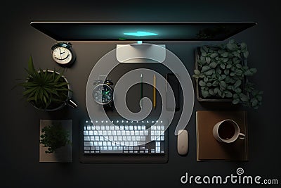 Computer with monitor. Top view of table with objects for work. Beautiful illustration picture. Generative AI Cartoon Illustration