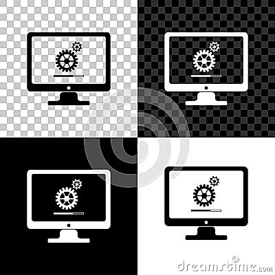Computer monitor update process with gear progress and loading bar icon on black, white and transparent background Vector Illustration