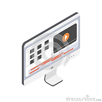 Computer monitor with video editor on the screen. Concept of multimedia production, filmmaking process and motion Vector Illustration