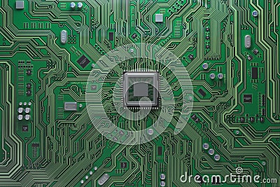 Computer motherboard with CPU. Circuit board system chip with co Cartoon Illustration