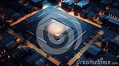 Computer motherboard with CPU. Circuit board system chip with core processor. Computer technology background Stock Photo