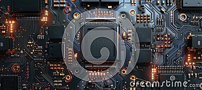Computer motherboard with CPU. Circuit board system chip with core processor. Computer technology background Stock Photo