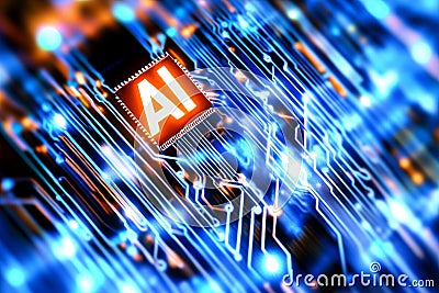 A computer motherboard equipped with a cutting-edge AI processor. AI generative Stock Photo